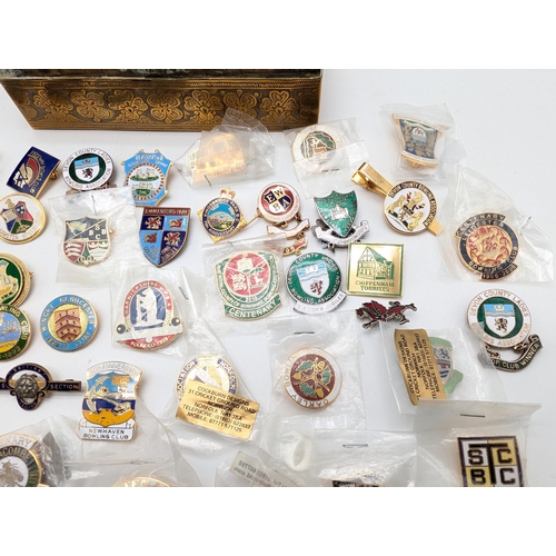 291 - Large Quantity Various New & Unbagged Pin Badges, Mostly Bowling Related. Contained Within Brass Dec... 