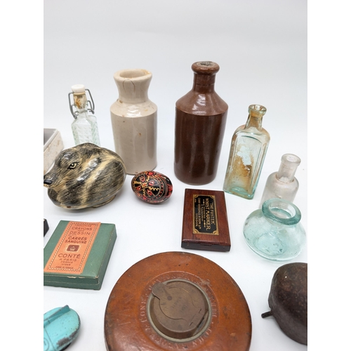 311 - Box Mixed Collectables, Stoneware Jugs, Rabone & Sons Tape Measure, Retro Black & White Magnifying G... 