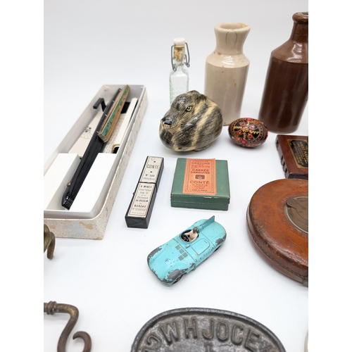 311 - Box Mixed Collectables, Stoneware Jugs, Rabone & Sons Tape Measure, Retro Black & White Magnifying G... 