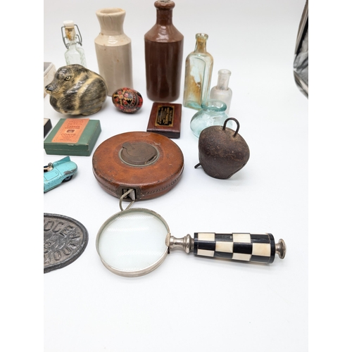 311 - Box Mixed Collectables, Stoneware Jugs, Rabone & Sons Tape Measure, Retro Black & White Magnifying G... 