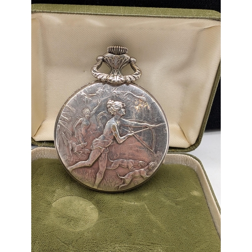 346 - Brunex White Metal 50mm Pocket Watch With Sub Second Hand With Well Decorated Hunt Scene Case, Runni... 