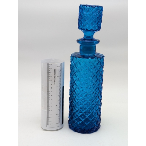 490 - Vintage Empoli Blue Glass Genie Bottle / Decanter With Stopper 34cm