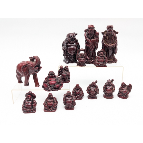 496 - Group (15) Mahogany Coloured Resin Asian Figurines / Buddha / Elephants Etc Good Condition Largest 1... 