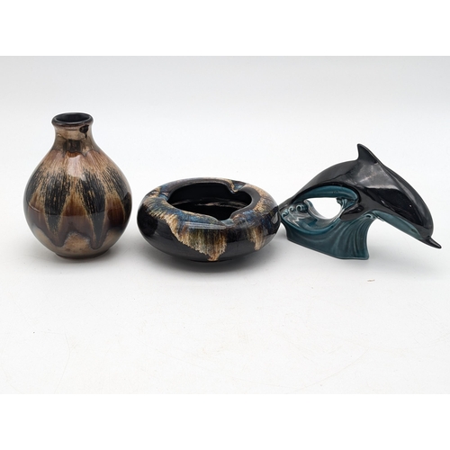 508 - Poole Pottery Pair, Dolphin Marked to Base Along With Small Ceramic Vase 14cm Plus Studio Pottery Gl... 