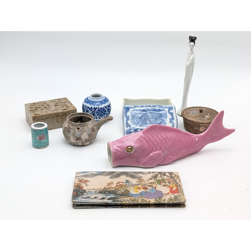 511 - Mixed Bundle Asian Ware, Banko Ware, Soapstone Trinket Box, Blue and White Porcelain Trinket Box, Et... 