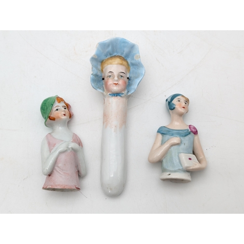 517 - Trio Antique Likely German Half Dolls, Ceramic Minor Chips to Base, Along With Victorian Knodding Ba... 