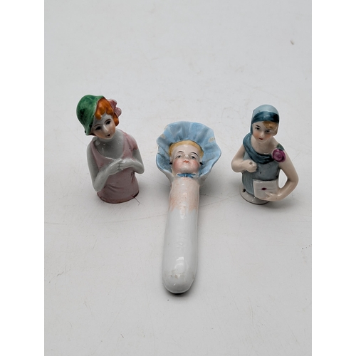 517 - Trio Antique Likely German Half Dolls, Ceramic Minor Chips to Base, Along With Victorian Knodding Ba... 