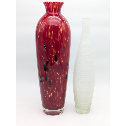 521 - Two Large Art Glass Vases, One With Marbled Red / White and Black Design 50cm Plus Ribbed White Bud ... 