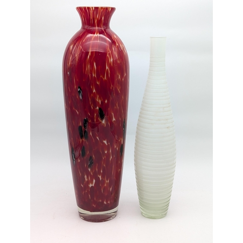 521 - Two Large Art Glass Vases, One With Marbled Red / White and Black Design 50cm Plus Ribbed White Bud ... 