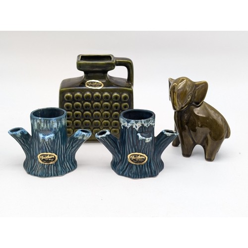 614 - Trentham Pottery Pair Labelled Tree Trunk Vases 8x12.5cm Good Condition, Large Jug 13x15cm Plus Tren... 