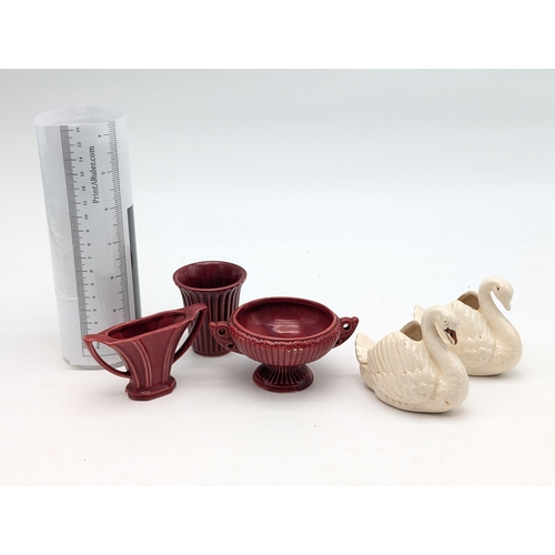 615 - Group Dartmouth Pottery Items, Pair Swans, Etc Largest 9x8cm