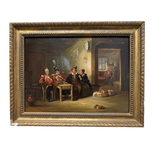 3 - 19th century English School, interior scene with soldiers, oil on wood panel, unsigned, 10