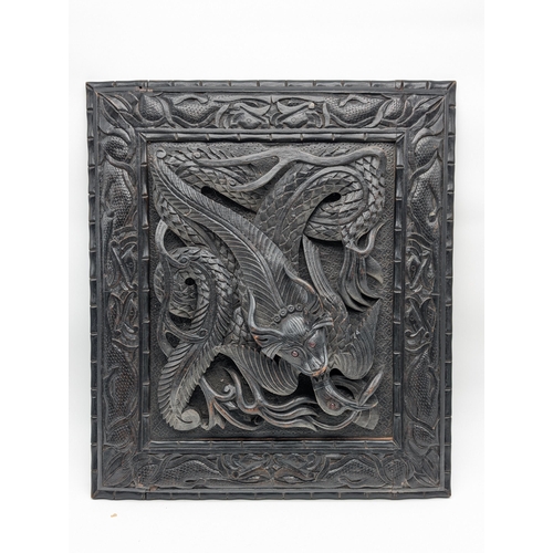 26 - Antique Heavily Carved Asian / Oriental Hardwood Plaque Depicting Birds, Fish Etc Glass Eyes 45x57cm