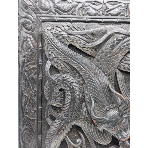 26 - Antique Heavily Carved Asian / Oriental Hardwood Plaque Depicting Birds, Fish Etc Glass Eyes 45x57cm