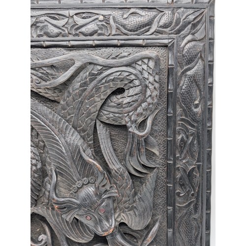 26 - Antique Heavily Carved Asian / Oriental Hardwood Plaque Depicting Birds, Fish Etc Glass Eyes 45x57cm