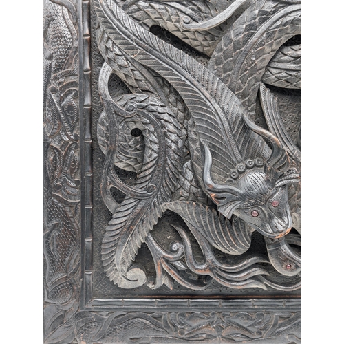 26 - Antique Heavily Carved Asian / Oriental Hardwood Plaque Depicting Birds, Fish Etc Glass Eyes 45x57cm