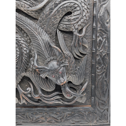 26 - Antique Heavily Carved Asian / Oriental Hardwood Plaque Depicting Birds, Fish Etc Glass Eyes 45x57cm