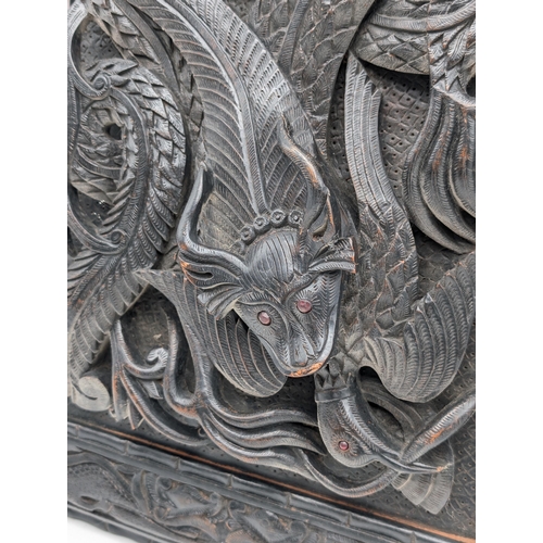 26 - Antique Heavily Carved Asian / Oriental Hardwood Plaque Depicting Birds, Fish Etc Glass Eyes 45x57cm