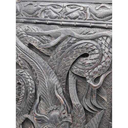 26 - Antique Heavily Carved Asian / Oriental Hardwood Plaque Depicting Birds, Fish Etc Glass Eyes 45x57cm