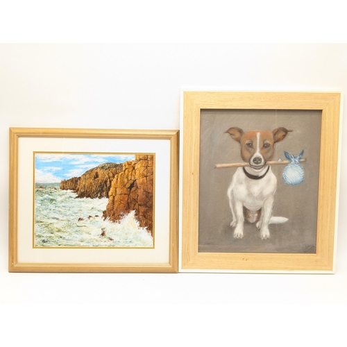 28 - Two Vintage Paintings, One Pastel Jack Russell Celia Milverton 13x15