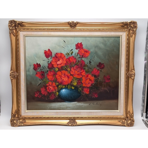 48 - Large Oil On Canvas - Still Life Flowers In Attractive Gilt Frame - Signed L. Carthy 25.5x21.5