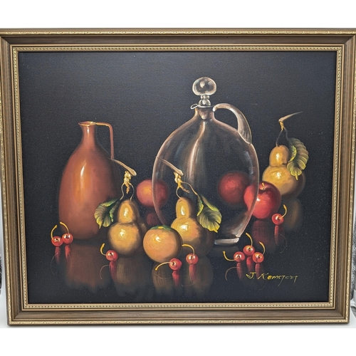 49 - J Remstedt- Attractive Still Life on Canvas - Fruit, Glassware Etc - 28.5x24.5