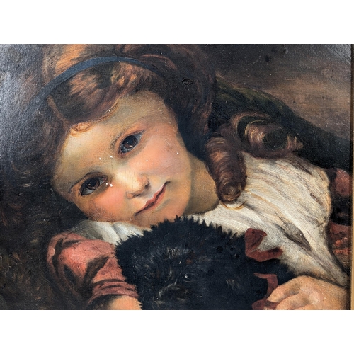 63 - Late 19C K E Steele - Oil On Board Of Girl With Puppy - 13x12