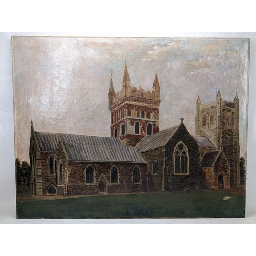 66 - Large 19C Oil On Canvas - Church Scene - Unsigned 36x28