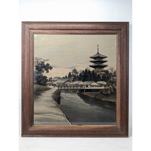 69 - Antique Chinese / Asian Silkwork Temple / River Scene 27x29