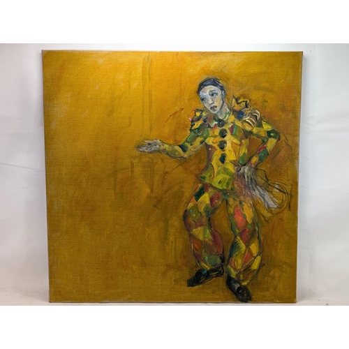 73 - Gloria Williams - Large Canvas painting Jester / Clown Scene on Yellow Ground - Unsigned - 31.5x31.5... 