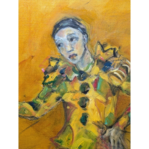 73 - Gloria Williams - Large Canvas painting Jester / Clown Scene on Yellow Ground - Unsigned - 31.5x31.5... 