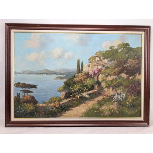 75 - Oil On Canvas - Mediterranean Landscape Scene - Signed Indistinct View of Upper Italian Lake - 40x29... 