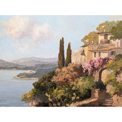 75 - Oil On Canvas - Mediterranean Landscape Scene - Signed Indistinct View of Upper Italian Lake - 40x29... 