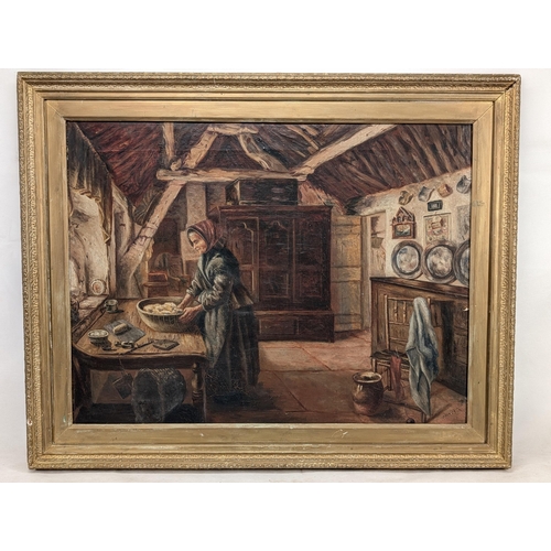 78 - Large 19C Oil On Canvas - Signed J Donald - Servant Kitchen Scene Making Bread - Gilt Wooden Carved ... 