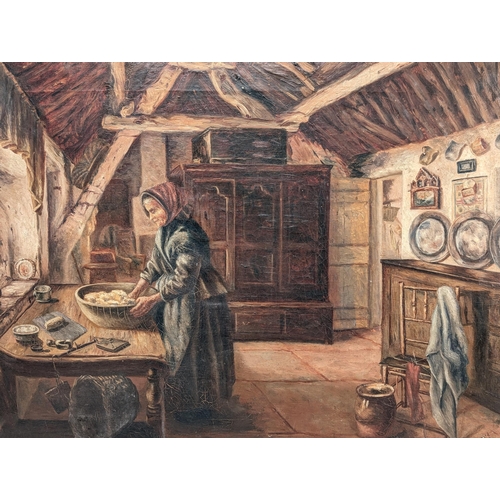 78 - Large 19C Oil On Canvas - Signed J Donald - Servant Kitchen Scene Making Bread - Gilt Wooden Carved ... 