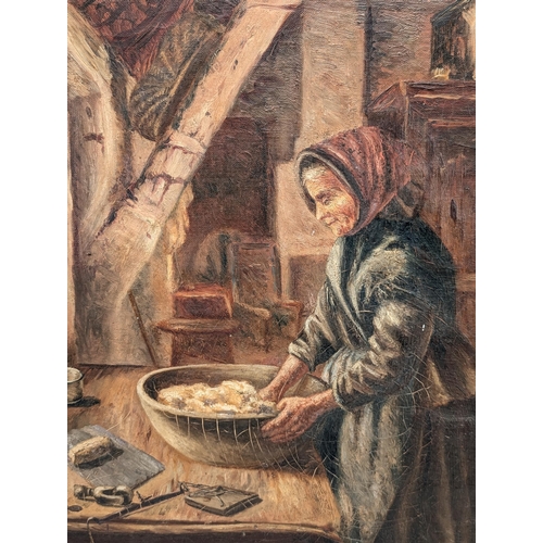 78 - Large 19C Oil On Canvas - Signed J Donald - Servant Kitchen Scene Making Bread - Gilt Wooden Carved ... 