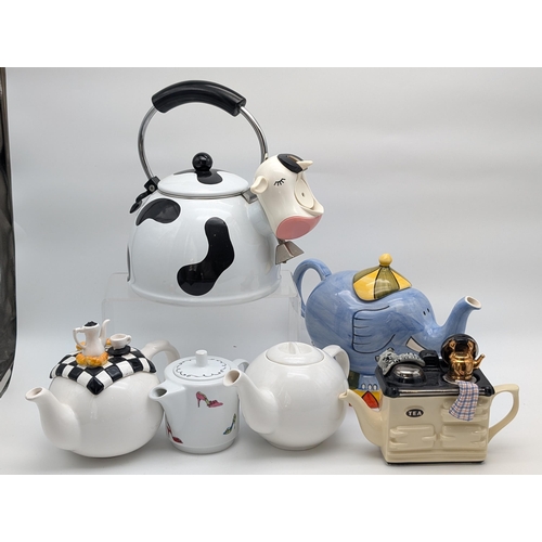 153 - Group (6) Vintage Novelty Teapots / Kettle, to Include Kamenstein Whistling Cow Kettle, Teapottery A... 