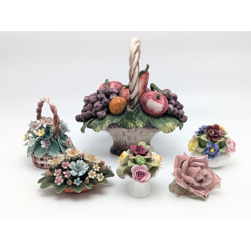 154 - Qty (6) Ceramic / China Flower Bouqet Posys, Capodimonte / Aynsley Etc. Largest 11x9