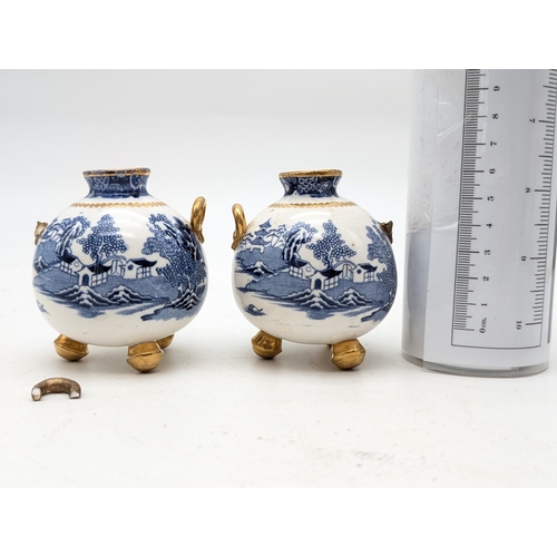 159 - Antique Pair Bandbach Blue and White 3 Footed Vases Willow Pattern, Both AF One Extra Handle Present... 