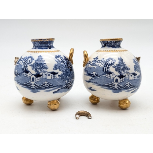 159 - Antique Pair Bandbach Blue and White 3 Footed Vases Willow Pattern, Both AF One Extra Handle Present... 