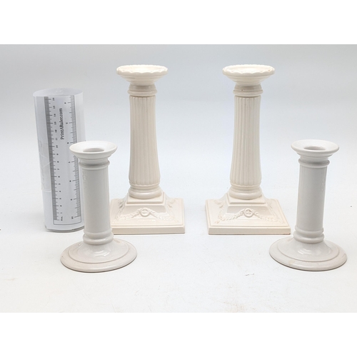 165 - Two Pairs Ceramic Candle Holders, Attractive Leedware Creamware Corinthian Pillar Pair 23cm