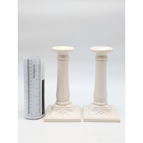 165 - Two Pairs Ceramic Candle Holders, Attractive Leedware Creamware Corinthian Pillar Pair 23cm