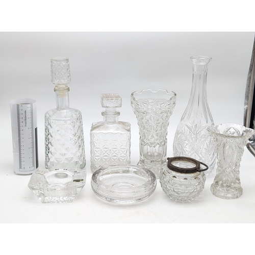 166 - Good Quantity Cut Glass / Crystal Decanters, Vases, Bowls Etc