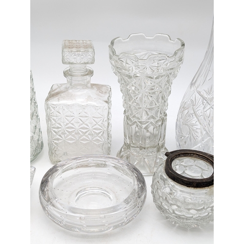 166 - Good Quantity Cut Glass / Crystal Decanters, Vases, Bowls Etc