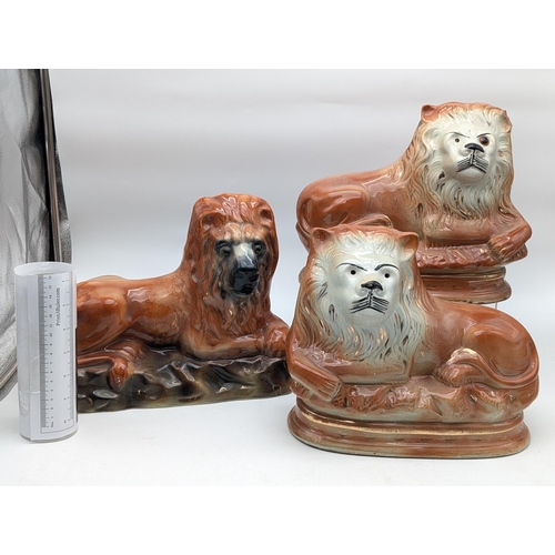 180 - Trio Antique Staffordshire Lions, With Glass Eyes. Some Missing, Chipped Ear Appx 12x11