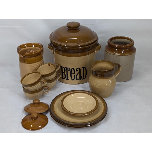 211 - T. G Green Granville Pottery Bundle - 2 Large Jugs, 5 Cups, Large Bread Bin Etc Plus Stoneware Pot