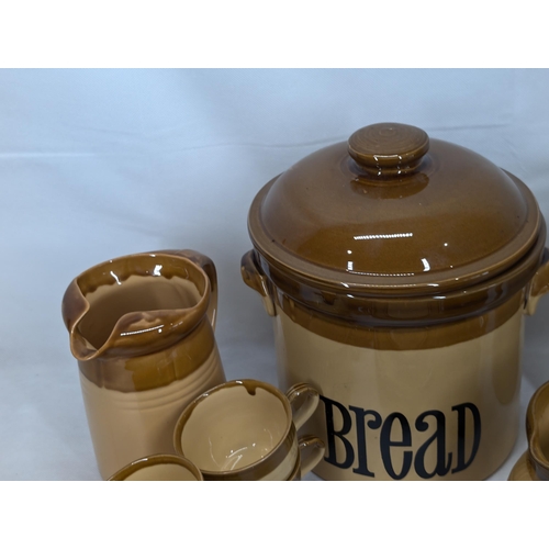 211 - T. G Green Granville Pottery Bundle - 2 Large Jugs, 5 Cups, Large Bread Bin Etc Plus Stoneware Pot