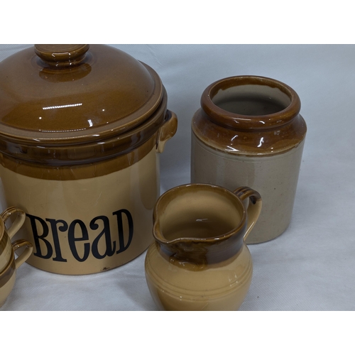 211 - T. G Green Granville Pottery Bundle - 2 Large Jugs, 5 Cups, Large Bread Bin Etc Plus Stoneware Pot