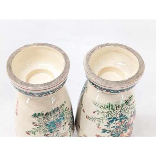 235 - Good pair of hand painted vases with floral bird decoration. Likely antique Japanese satsuma. One wi... 