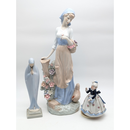 240 - Group (3) Ceramic Figures, Large Woman With Chicken and FLower Basket 18